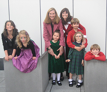 Sarah with Mom, Aunt Jenny, cousins and sisters<br>outside the Velveteen Rabbit